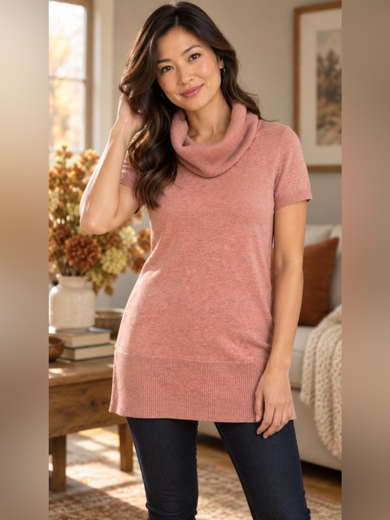 Poetry Sweaters - Poetry Clothing Dusty Rose Cowl Neck Short Sleeve Sweater Tunic Large
